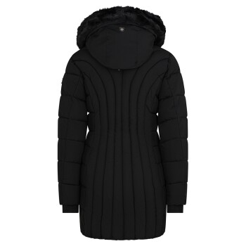 Eine schwarze Daunenjacke mit einer mit Fell gefütterten Kapuze, die ein gestepptes Design und lange Ärmel aufweist, von hinten dargestellt.