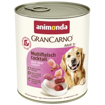 Dose Animonda GranCarno Adult 1+ Hundefutter, Multiflesh Cocktail, mit Bild eines Golden Retrievers und Fleischstücken.