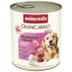 Dose Animonda GranCarno Adult 1+ Hundefutter, Multiflesh Cocktail, mit Bild eines Golden Retrievers und Fleischstücken.