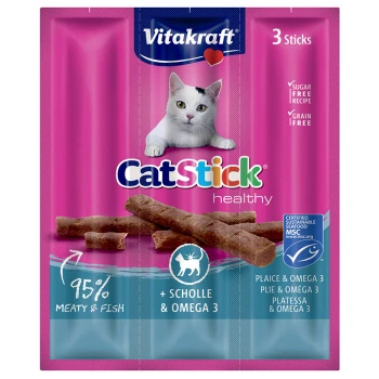 Vitakraft CatStick gesunde Verpackung mit einer Katze, mit 3 fleischigen Fischstäbchen, gekennzeichnet mit 95% fleischig & fischig, zuckerfrei, getreidefrei.