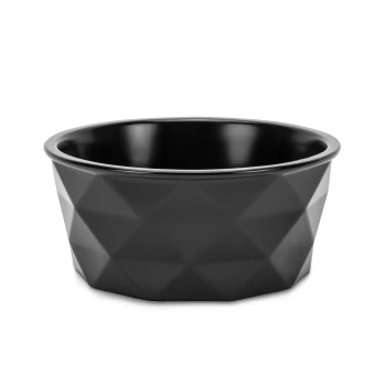 Schwarze Futterschale mit geometrischem Muster und glatter Innenfläche, gezeigt vor weißem Hintergrund.