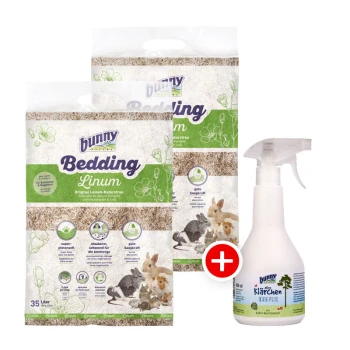 Bedding Linum 2x35L + Bunny "alles Klärchen" Gehege-Pflege gratis Zwei Taschen Bunny Bedding Linum und eine Bunny Klarchen Sprühflasche, mit Bildern von Kleintieren und Produkt-Highlights.