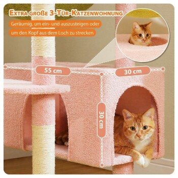 Rosa Katzenwohnung mit 3 Türen und einer rotgetigerten Katze, deutscher Text 'Extra große 3-Tür-Katzenwohnung', Beschriftungen zeigen 55 cm und 30 cm.