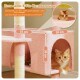 Rosa Katzenwohnung mit 3 Türen und einer rotgetigerten Katze, deutscher Text 'Extra große 3-Tür-Katzenwohnung', Beschriftungen zeigen 55 cm und 30 cm.