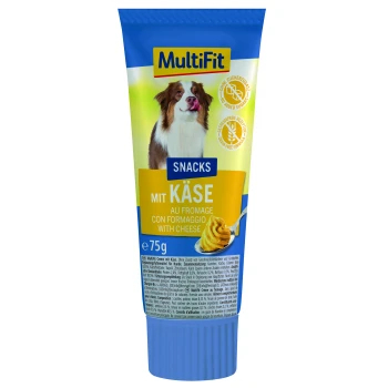 Tube MultiFit hondensnacks met kaas, met een hond op de voorkant, en tekst die 'Geen toegevoegde suikers' en 'Graanvrije formule' benadrukt.