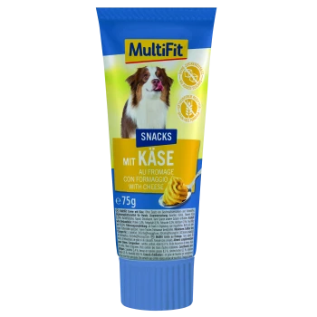 Tube de friandises pour chiens MultiFit au fromage, avec un chien sur le devant, et un texte mettant en avant "Sans sucres ajoutés" et "Formule sans céréales."