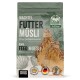 Ein 10 kg Sack "Wachtel Futter Müsli" für Wachteln, mit Bildern von Wachteln und dem Hinweis, dass es ein komplettes Futter ist, hergestellt in Deutschland.