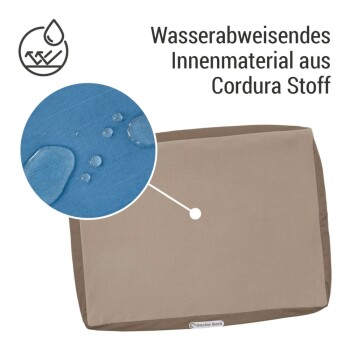 Nahaufnahme eines wasserfesten Haustierbettes aus Cordura-Stoff, das Tropfen zeigt. Text: "Wasserabweisendes Innenmaterial aus Cordura Stoff."