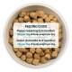 Bowl of dry dog food with a feeding guide showing recommended amounts for puppies and juniors based on body weight.