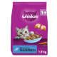 Violette Whiskas-Katzentrockenfutter-Tasche mit grauer Katze und Futternapf; Aufschrift: 'Mit herrlichem THUNFISCH', '1+' und '1,9 kg'.
