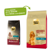 Zwei Beutel Select Gold Hundefutter: "Medium Adult" und "Sensitive," mit einem Cocker Spaniel und "Neues DESIGN, gleiche QUALITÄT."