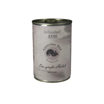 Dose mit Dr. Clauder's B.A.R.F. Kaninchenfleisch für Hunde und Katzen, beschriftet mit "Das große Halali," mit dem Text "100% Fleisch."