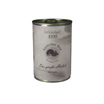 Dose mit Dr. Clauder's B.A.R.F. Kaninchenfleisch für Hunde und Katzen, beschriftet mit "Das große Halali," mit dem Text "100% Fleisch."