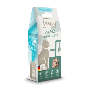 Mjamjam Snack-Box z liofilizowanym filetem cielęcym dla zwierząt, z zabawną ilustracją kota i tekstem w języku niemieckim.
