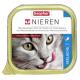 Beaphar Nieren Katzenfutterdose, mit einer Nahaufnahme einer grauen Katze, die sich die Lippen leckt. Der Text enthält "Nieren" und "reduzierter Phosphorgehalt."