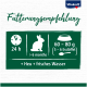 Fütterungsempfehlung für Kaninchen über 6 Monate: 60-80g (5-6 Esslöffel) täglich, mit Heu und frischem Wasser, auf einem grünen Hintergrund dargestellt.