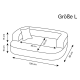Illustration eines Haustiersofas, beschriftet mit "Größe L" mit Abmessungen: 100 cm Länge, 80 cm Breite, 65 cm Tiefe und 15 cm Höhe.