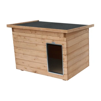 Holzhundehütte mit schrägem Dach und einem Eingang an der Vorderseite, für den Außenbereich konzipiert.