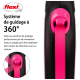 Laisse rétractable Flexi avec un système de guidage à 360°, avec une sangle rose et une poignée noire. Le texte met en avant son design sans enchevêtrement.