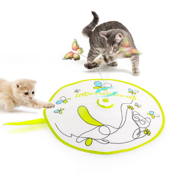 Weißes rundes Katzenspielzeug‑Matte mit neongrünem Rand, Text „Interactives“, Cartoon‑Katze und Blumen, lila Schmetterling an einer Feder