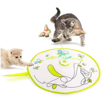 Weißes rundes Katzenspielzeug‑Matte mit neongrünem Rand, Text „Interactives“, Cartoon‑Katze und Blumen, lila Schmetterling an einer Feder