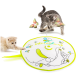Weißes rundes Katzenspielzeug‑Matte mit neongrünem Rand, Text „Interactives“, Cartoon‑Katze und Blumen, lila Schmetterling an einer Feder