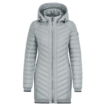 Hellgraue gesteppte Pufferjacke mit Kapuze, mit einem Frontreißverschluss und Seitentaschen.