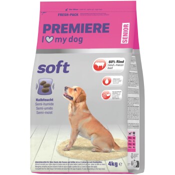 PREMIERE I ♥ my dog soft Senior dog food bag, 60% beef, 4kg, with sitting golden retriever.