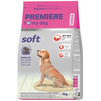 Zak PREMIERE 'I ♥ my dog' zacht senior hondenvoer, 60% rundvlees, 4 kg, met zittende golden retriever