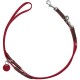 Rote Hundeleine mit braunen Lederakzenten und einem Metallclip, mit einem kleinen runden Anhänger mit einem Hundesilhouette.