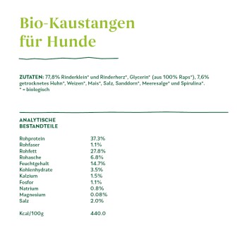 Verpackung für Bio-Hundekauartikel mit Zutatenliste: 77,8% Rindfleisch, 7,6% getrocknetes Hähnchen und Nährwertanalyse einschließlich Protein- und Fettgehalt.