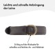Brauner Lederhundehalsband mit einem goldenen D-Ring für eine einfache Leinenbefestigung, mit deutschem Text über die schnelle und einfache Verwendung.