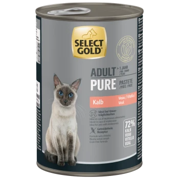 Select Gold Adult Pure Kalbfleisch Getreidefreies Katzenfutter in Dose mit Bild einer Siamkatze, 72 % Kalbfleisch, ideal für Tiere mit Unverträglichkeiten.