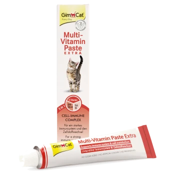 GimCat Multi-Vitamine Pasta Extra tube en doos met afbeelding van een gestreepte kat, met tekst 'Cell-Immune Complex' en '12 vitaminen.'