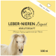 Etikett für ein pflanzliches Ergänzungsmittel für Pferde mit einem weißen Pony, auf dem steht: "LEBER-NIEREN Flüssiger Kräutersaft, 1.000 ml."