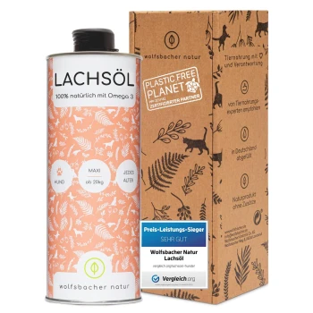 Lachsöl 1 l Lachsölflasche mit der Aufschrift "100% natürlich mit Omega 3" für Hunde, neben einer braunen Box mit Tierillustrationen und dem Logo "Plastic Free Planet".