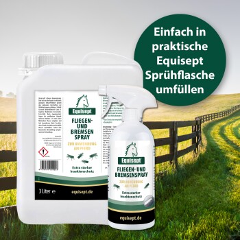 Equisept Fliegen- und Pferdefliesprayflaschen auf einem grasigen Hintergrund, mit Text über Insektenschutz und Nachfüllanweisungen.