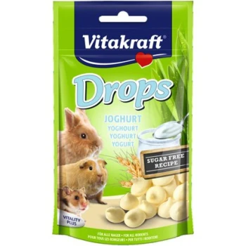 Drops Joghurt 9x75g Vitakraft Drops Joghurt-Leckerlis für kleine Tiere, mit einer grünen Verpackung, die Bilder eines Kaninchens und eines Meerschweinchens zeigt, beschriftet mit "Zuckerfreies Rezept."