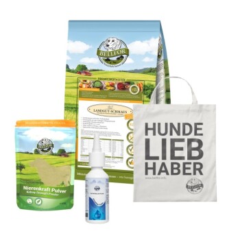 Haustierprodukte von Bellfor: 'Landgut-Schmaus' Hundefutter, 'Nierenkraft Pulver', eine Pipettenflasche und eine 'HUNDE LIEBHABER' Tragetasche.