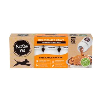 Earthz Pet Dog Vitality Gravy für mittelgroße/große Hunde, mit Freilandhuhn. 5 x 50ml Flaschen fördern Haut, Verdauung, Immunität und Gelenkgesundheit.