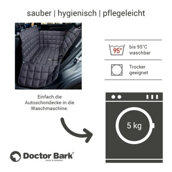 Autositzbezug von Doctor Bark, mit einem gesteppten Design, beschriftet als waschbar bis 95°C und trocknergeeignet, mit Gebrauchsanweisung.