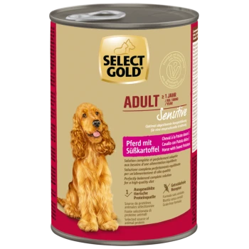 Sélectionnez une boîte de nourriture pour chien adulte sensible Gold avec une image de golden retriever, saveur cheval et patates douces, formule sans céréales.