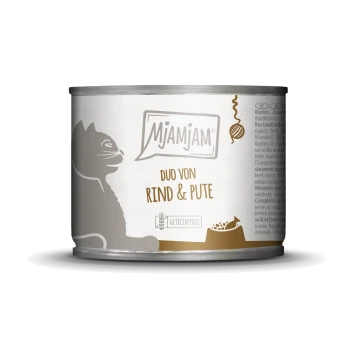 Dose Katzenfutter mit einer Silhouette einer Katze, beschriftet mit "Mjamjam DUO von RIND & PUTE," mit einem symbol für getreidefrei.