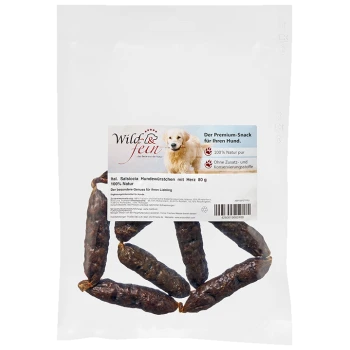 Packung Wild & fein italienische Hundewürstchen mit Herz, 80g, 100 % natürlich, ohne Zusatzstoffe oder Konservierungsmittel, mit einem Bild eines Golden Retrievers.