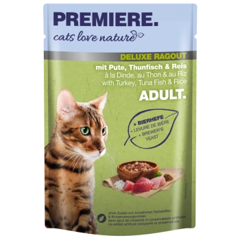 Emballage de nourriture pour chat montrant le visage d'un chat et le texte : "PREMIERE. les chats aiment la nature DELUXE RAGOUT avec dinde, thon et riz ADULTE."