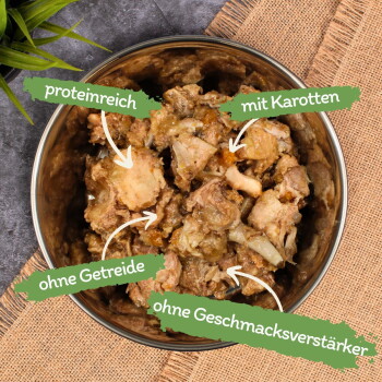 Metallschüssel mit Haustierfutter mit Fleisch und Karotten, beschriftet mit 'proteinreich', 'mit Karotten', 'ohne Getreide' und 'ohne Geschmacksverstärker.'