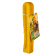Gelbes Hundekauspielzeug mit strukturierter Oberfläche, mit einem Etikett, das einen glücklichen Hund und Produktdetails zeigt.