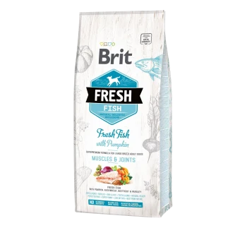 Tüte Brit Fresh Fish Hundefutter mit Kürbis, mit einer Super-Premium-Formel für große erwachsene Hunde, die Muskeln und Gelenke fördert.