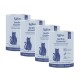 Vier hellblaue KatKare 'Sardine Essential'-Dosen mit blauer Katzensilhouette und sichtbarem Text 'Snack gut. Tu Gutes.' und 'Hypoallergen'