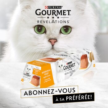 Chat blanc aux yeux verts derrière un pack Purina Gourmet Revelations ; bannière « ABONNEZ-VOUS À SA PRÉFÉRÉE ! »